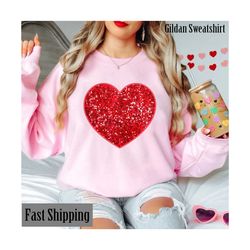 Glitter Red Heart Sweatshirt, Red Glitter Valentines Day Sweatshirt, Valentines Gift, Romantic Sweatshirt Glitter Shirt, Gift for Valentine