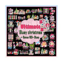 Ultimate Trendy Pink Christmas Blue Dog And Family Png Bundle, Blue Dog And Friend Chrismas Png Bundle, Christmas Cartoo