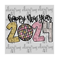 New Year Sublimation PNG Design | Hand Drawn | Digital Art Download | Shirt Design | Glitter | Pink and Gold | Disco Bal
