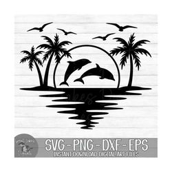 Dolphin Palm Tree Sunset - Instant Digital Download - svg, png, dxf, and eps files included! Vacation, Summer, Tropical, Ocean