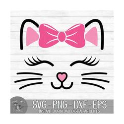 Cat Face with Bow - Instant Digital Download - svg, png, dxf, and eps files included! Kitten, Whiskers, Lashes, Baby Girl