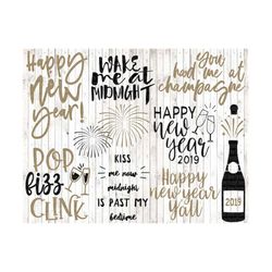 new years svg bundle, happy new year svg, new years eve svg, holiday cut files, champagne bottle svg, svg designs, commercial use clipart
