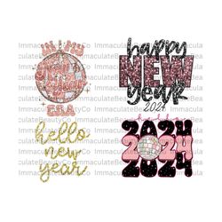 4 designs 2024 New Year Glitter PNG, Happy New Year 2024, Disco New Year Sublimation, Happy New Year Glitter Sequins Png