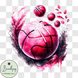Floating Pink Basketball with Watercolor Splatters and Feathers PNG Design 94
