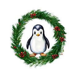 Cute Penguin in Christmas Wreath