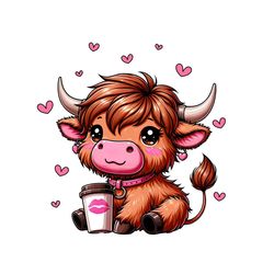 Heifer Highland Cow Coffee Valentine PNG