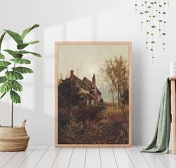 Autumn Fall Vintage Countryside House Landscape Painting Cabin Farmhouse Retro Wall Art Decor Canvas Framed Printed Canv