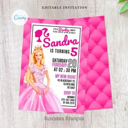 fashion doll invitation, pink doll barbie editable invitation, canva personalized printable and instant download