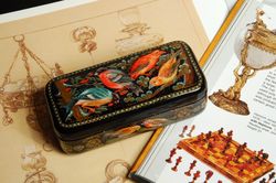 Winter Beauty: Hand-Painted Bullfinches in Falling Snow Lacquer Box