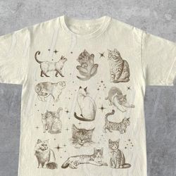 Vintage 90S Tattoo Cat Tshirt, Retro Kitten Nature Shirt, Cat Lovers Gift, Cats In Space Unisex Relaxed Adult Graphic