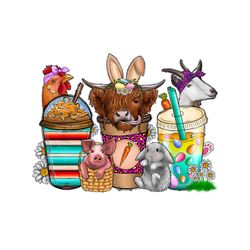 Farm Animals Coffee Latte Cups Happy Easter Day PNG