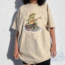 Frog Guitar 90s Vintage Shirt, Retro Toad 2000s Funny T-Shirt, Cute Funny Frog Tee, Frog Lovers Unisex Cotton Tee, Beige