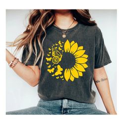 Butterfly Shirt, Sunflower Shirt, Fall Shirt, Floral shirt, Butterfly Lover, Butterfly Graphic, Woman Sunflower Shirt, V