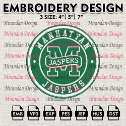 ncaa manhattan jaspers embroidery design, machine embroidery files in 3 sizes for sport lovers, ncaa team logo