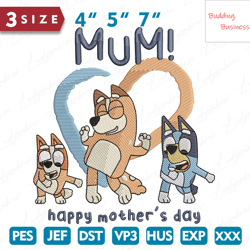 Blue Cartoon Dog Mum Embroidery Design, Mothers Day Embroidery Design File