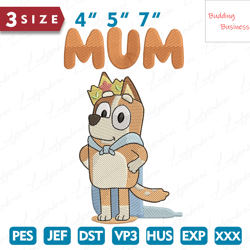 Blue Cartoon Dog Mum Embroidery Design, Mothers Day Embroidery Design