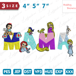 Princess Cartoon Mama Embroidery Design, Mothers Day Embroidery Design