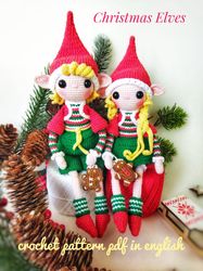 Christmas Elves Crochet pattern PDF in english. Holiday dolls Elfs in traditional Christmas colors - amigurumi pattern.
