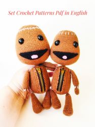 SACKBOY toys- Set Crochet pattern pdf in english (imitation of stockinette stitch when knitting and traditional crochet)
