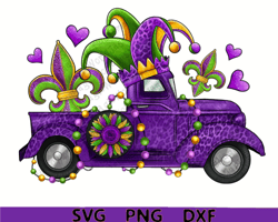 Mardi Gras Truck Png Sublimation Design, Fleur De Lis Mardi Gras Png, Mardi Gras Hat Png, Truck With Pink Hearts PNG
