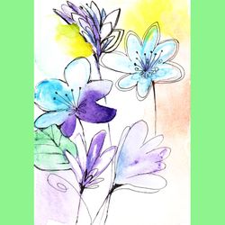 Blue watercolor flowers painting instant download art print. Watercolor paint blue flowers  printable wall decor