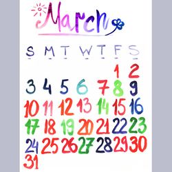 March 2024 watercolor lettering bright calendar | March 2024 cute colorful painted calendar (sketch style)
