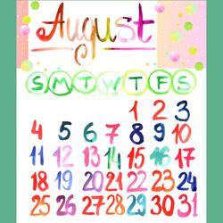 August 2024 cute bright calendar | Artist august cute colorful calendar (sketch style)