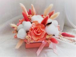Pink arrangement with dried lagurus and cotton, Romantic bouquet with roses, cotton and pink lagurus,  Faux flowers gift