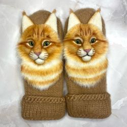 Unique handmade animal mittens. Warm woolen women's mittens with cats. Cute warm gloves for adults and children gift