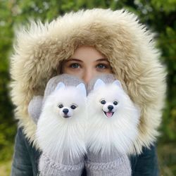 Unique handmade animal mittens. Warm woolen mittens with pomeranian. Cute warm gloves with dog for adults and children