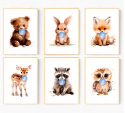 Boy Nursery Decor Wall Art Animal Prints for Boys Room Decor Woodland Baby Animal Prints Set of 6 Animals with Balloons