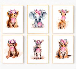 Safari Nursery Decor Girl Bubblegum Safari Animal Prints Set of 6 Nursery Prints Girl Baby Animals with Flowers Wall Art