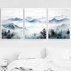 Misty Mountains Art Print Foggy Mountain Watercolor Painting Foggy Forest Landscape Wall Art Poster Set of 3 Prints