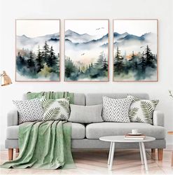 Misty Forest Watercolor Art Print Foggy Forest Landscape Wall Art Set of 3 Prints Foggy Mountain Painting Nature Poster
