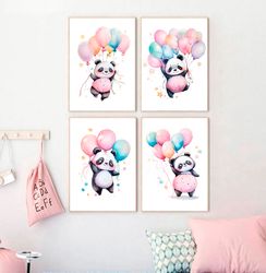 Watercolor Nursery Decor Set of 4 Nursery Prints Girl Baby Panda With Balloons Nursery Wall Art Nursery Animal Prints