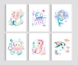 Mermaid Nursery Wall Prints Set of 6 Watercolor Mermaid Nursery Decor Sea Animal Print Girl's Room Decor Ocean Nursery