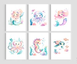 Under the Sea Nursery Decor Girl Mermaid Nursery Prints Set of 6 Sea Animals Watercolor Mermaid Ocean Nursery Wall Art