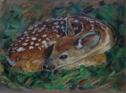 Fawn oil painting original on canvas on cardboard forest animal