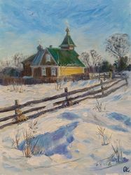 Winter landscape original oil painting on canvas on cardboard county house church