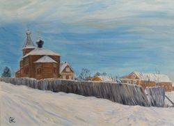 Winter landscape church original oil painting on canvas on cardboard county house church