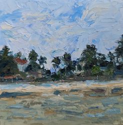 Sea beach original oil painting on canvas on cardboard oil painting with palette knife