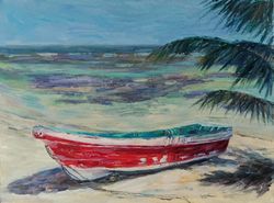 Boat on beach original oil painting on canvas on cardboard seascape wall art