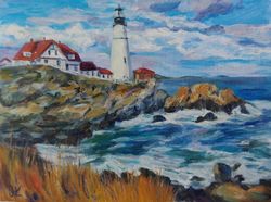 Lighthouse original oil painting on canvas on cardboard ocean wall art