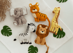 Felt Animals Safari Set, Felt Toys Jungle, Lion Zebra Giraffe Tiger Elephant, Felt Ornaments, Animals for Baby Mobile