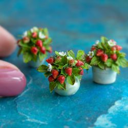 miniature strawberries in a ceramic pot | miniature flowers | dollhouse miniature | mini plant