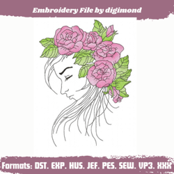 A young beautiful girl with a flower wreath on his head Embroidery Design- Machine Embroidery design Style Download