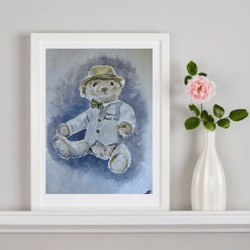 Collectible toy bear painting children room wall art original watercolour hand painted modern painting