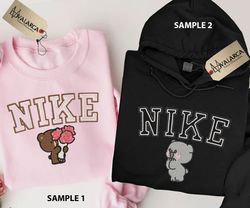 Nike Custom Couple Embroidered Sweatshirt, Nike Mocha Bear Embroidererd Sweatshirt, Matching Couple Embroidered Hoodie