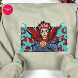 Embroidered Yuji Itadori Anime Sweatshirt, Embroidered Yuji Itadori Anime Hoodie, Embroidered Yuji Itadori Anime Shirt