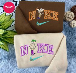 Nike Phineas and Ferb Embroidery Hoodie, Cartoon Couple Nike Embroidery Sweater, Disney Movie Nike Embroidered CP40